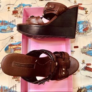 BCBG MaxAzria brown leather wedge sandal